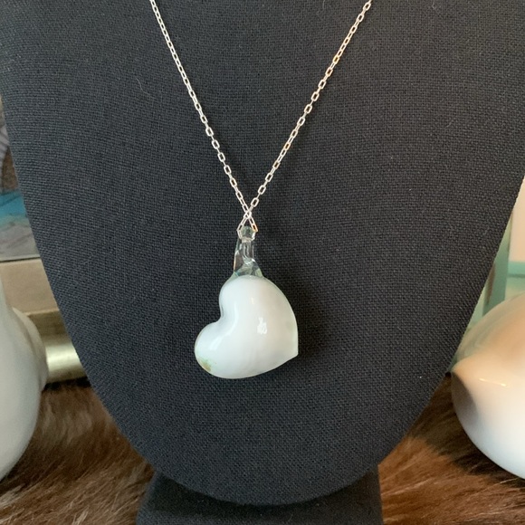 Blue and Green Floral Glass 3 Dimenisional Heart Pendant on a Delicate 925 Chain - Picture 8 of 13